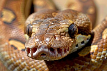Fototapeta premium Big multi-colored python snake crawling on the ground. Beautiful simple AI generated image in 4K, unique.