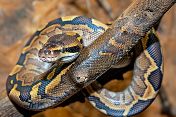 Fototapeta premium Big multi-colored python snake crawling on the ground. Beautiful simple AI generated image in 4K, unique.