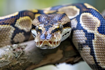 Obraz premium Close up of ball python on a branch, non-venomous snake, python regius. Beautiful simple AI generated image in 4K, unique.