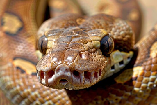 Big multi-colored python snake crawling on the ground. Beautiful simple AI generated image in 4K, unique.