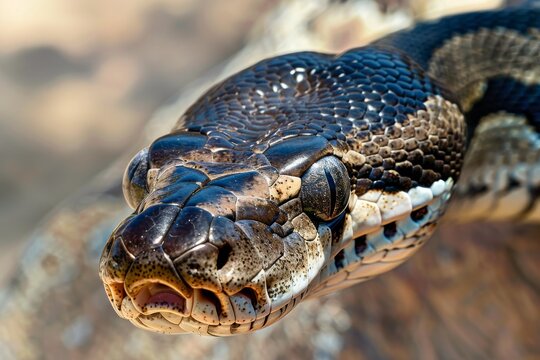 Close-up of a python. Snake isolated on a blurred background. Snake head and eyes.. Beautiful simple AI generated image in 4K, unique.