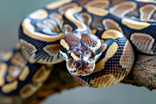 Close up of ball python on a branch, non-venomous snake, python regius. Beautiful simple AI generated image in 4K, unique.
