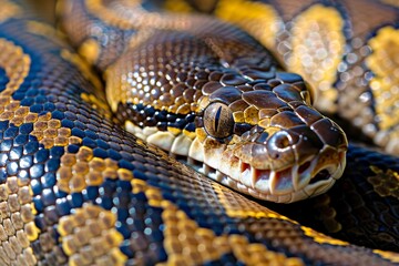 Fototapeta premium Big multi-colored python snake crawling on the ground. Beautiful simple AI generated image in 4K, unique.