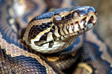 Obraz premium Close-up of a python. Snake isolated on a blurred background. Snake head and eyes.. Beautiful simple AI generated image in 4K, unique.