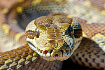 Fototapeta premium animal detail - close up macro photography of a python snake head with big eyes, outdoors in Africa with natural sunlight. Beautiful simple AI generated image in 4K, unique.