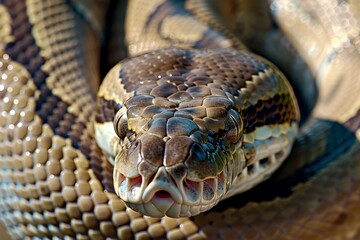 animal detail - close up macro photography of a python snake head with big eyes, outdoors in Africa with natural sunlight. Beautiful simple AI generated image in 4K, unique.