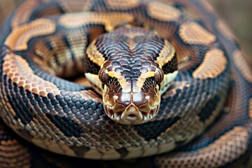 Obraz premium Big multi-colored python snake crawling on the ground. Beautiful simple AI generated image in 4K, unique.