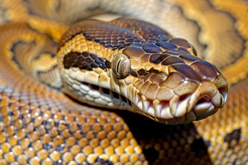 Fototapeta premium Big multi-colored python snake crawling on the ground. Beautiful simple AI generated image in 4K, unique.