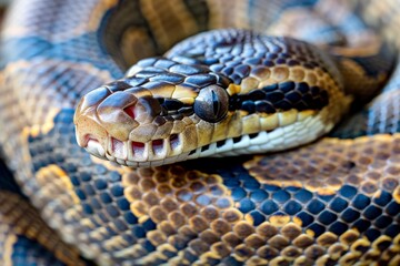 animal detail - close up macro photography of a python snake head with big eyes, outdoors in Africa with natural sunlight. Beautiful simple AI generated image in 4K, unique.