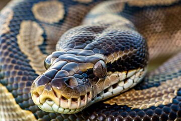 Fototapeta premium animal detail - close up macro photography of a python snake head with big eyes, outdoors in Africa with natural sunlight. Beautiful simple AI generated image in 4K, unique.