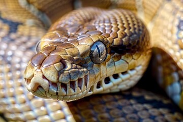 Fototapeta premium Big multi-colored python snake crawling on the ground. Beautiful simple AI generated image in 4K, unique.