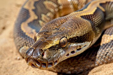Fototapeta premium Dark Tiger Python Snake Head on table in a zoo. Close-Up. 4K.. Beautiful simple AI generated image in 4K, unique.