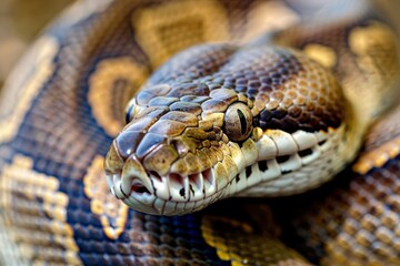 Fototapeta premium Close-up of a python. Snake isolated on a blurred background. Snake head and eyes.. Beautiful simple AI generated image in 4K, unique.