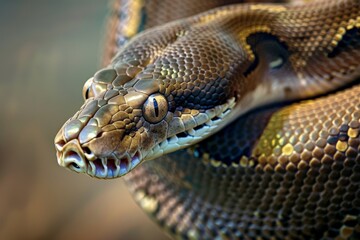 Fototapeta premium Python snake reptile close-up macro portrait on black. Beautiful simple AI generated image in 4K, unique.