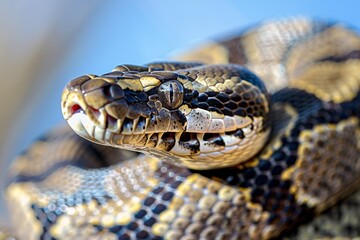 Fototapeta premium Dark Tiger Python Snake Head on table in a zoo. Close-Up. 4K.. Beautiful simple AI generated image in 4K, unique.