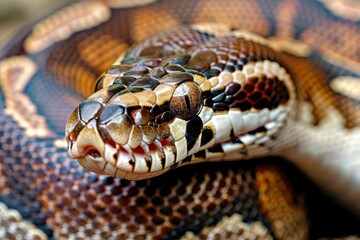 Fototapeta premium Close-up of a python. Snake isolated on a blurred background. Snake head and eyes.. Beautiful simple AI generated image in 4K, unique.