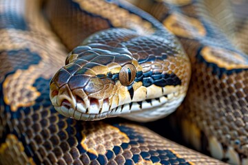 Fototapeta premium Close-up of a python. Snake isolated on a blurred background. Snake head and eyes.. Beautiful simple AI generated image in 4K, unique.