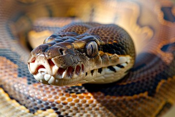 Fototapeta premium Big multi-colored python snake crawling on the ground. Beautiful simple AI generated image in 4K, unique.