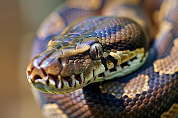 Fototapeta premium Close-up of a python. Snake isolated on a blurred background. Snake head and eyes.. Beautiful simple AI generated image in 4K, unique.