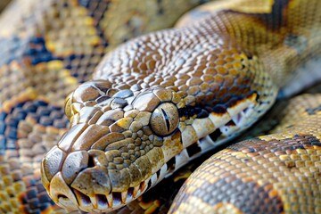 Fototapeta premium Big multi-colored python snake crawling on the ground. Beautiful simple AI generated image in 4K, unique.