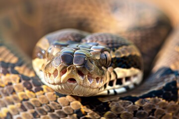 Fototapeta premium Close-up of a python. Snake isolated on a blurred background. Snake head and eyes.. Beautiful simple AI generated image in 4K, unique.