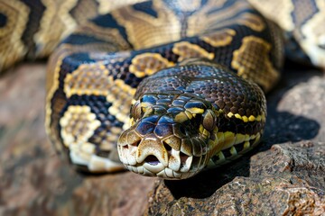 Obraz premium Big multi-colored python snake crawling on the ground. Beautiful simple AI generated image in 4K, unique.