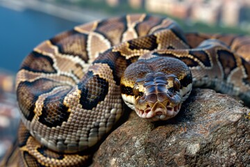 Close-up of a python. Snake isolated on a blurred background. Snake head and eyes.. Beautiful simple AI generated image in 4K, unique.