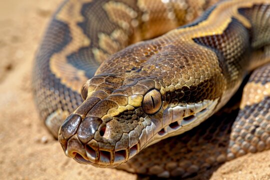 Dark Tiger Python Snake Head on table in a zoo. Close-Up. 4K.. Beautiful simple AI generated image in 4K, unique.