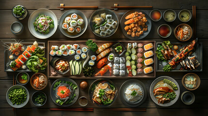Japanese restaurant dinner table spread in top-down view, array of beautifully plated sushi, sashimi, tempura, surrounded, fresh salads, traditional Japanese food