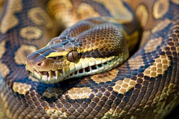 Close-up of a python. Snake isolated on a blurred background. Snake head and eyes.. Beautiful simple AI generated image in 4K, unique.