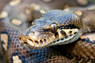 Fototapeta premium Python snake reptile close-up macro portrait on black. Beautiful simple AI generated image in 4K, unique.