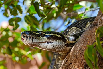 Close up of ball python on a branch, non-venomous snake, python regius. Beautiful simple AI generated image in 4K, unique.