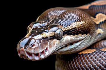 Obraz premium Close-up of a python. Snake isolated on a blurred background. Snake head and eyes.. Beautiful simple AI generated image in 4K, unique.