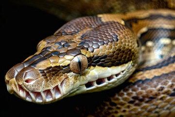 Fototapeta premium Python snake reptile close-up macro portrait on black. Beautiful simple AI generated image in 4K, unique.