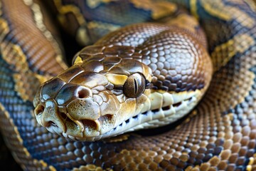Fototapeta premium Big multi-colored python snake crawling on the ground. Beautiful simple AI generated image in 4K, unique.