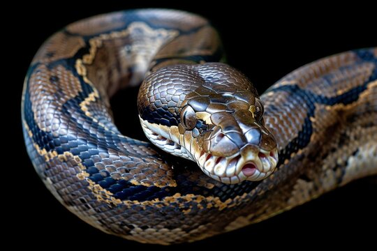 Dark Tiger Python Snake Head on table in a zoo. Close-Up. 4K.. Beautiful simple AI generated image in 4K, unique.