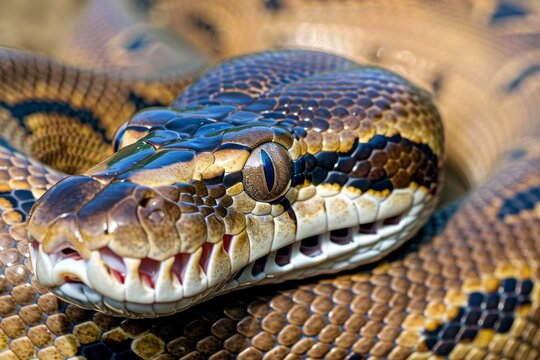 Close up of ball python on a branch, non-venomous snake, python regius. Beautiful simple AI generated image in 4K, unique.