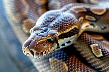 Fototapeta premium Big multi-colored python snake crawling on the ground. Beautiful simple AI generated image in 4K, unique.