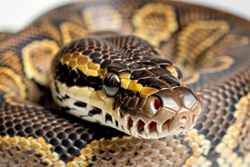 Obraz premium Close-up of a python. Snake isolated on a blurred background. Snake head and eyes.. Beautiful simple AI generated image in 4K, unique.