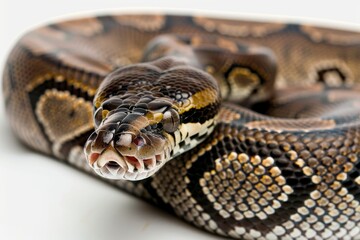 Obraz premium Close-up of a python. Snake isolated on a blurred background. Snake head and eyes.. Beautiful simple AI generated image in 4K, unique.