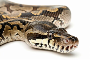 Fototapeta premium Close-up of a python. Snake isolated on a blurred background. Snake head and eyes.. Beautiful simple AI generated image in 4K, unique.