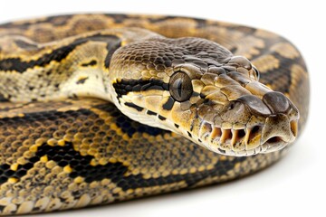 Fototapeta premium Close-up of a python. Snake isolated on a blurred background. Snake head and eyes.. Beautiful simple AI generated image in 4K, unique.