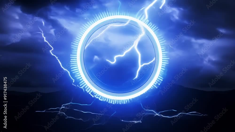 Poster a constantly rotating 3d cycle with an electrifying thunder cloud and a neon ring creating an immers