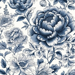 Pattern of white background with black and blue chinese porcelain texture featuring peony