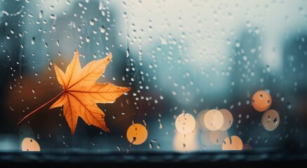 Autumn Leaf Clinging to Window on a Rainy Day in a City