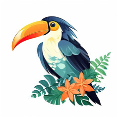 Tropical bird sitting on branch with exotic leaves and flowers, monstera, palm, plumeria. Cartoon animal isolated on white 