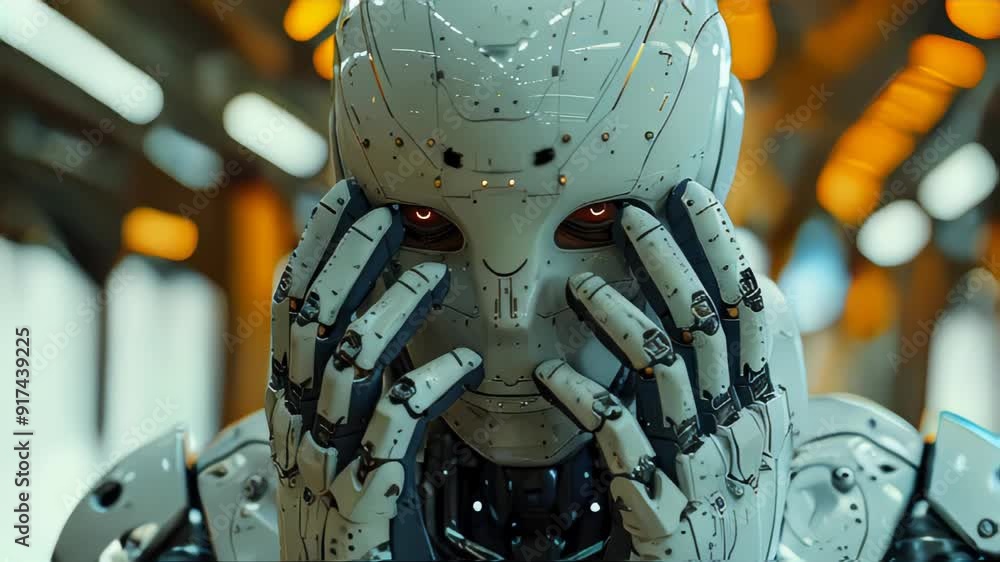 Poster connection of human woman and artificial intelligence robot. the concept of merging a person and a c