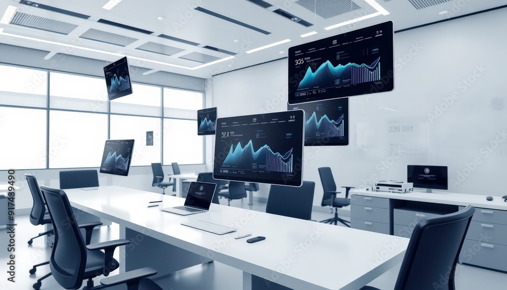 Poster modern office interior with floating screens displaying graphs and charts.