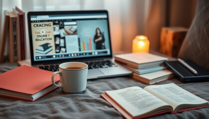 Fototapeta premium Cozy Home Office Setup with Laptop, Books, and a Cup of Tea.