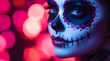 makijaż, Halloween, kobieta, twarz, cukrowa czaszka, sztuka makijażu, twórczość, detal, kontrast, kolory, straszny, beauty, artystyczny, upiór, halloweenowy, stylizacja, farby  makijaż artystyczny,